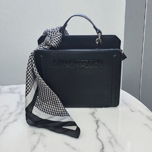 STEVE MADDEN The Evelyn Black Bag with Patterned Scarf Satchel